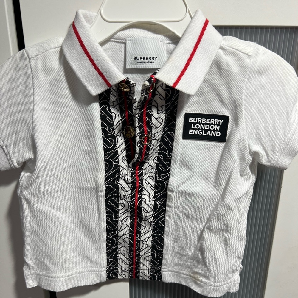 Burberry White Polo Shirt with Black Trim and Ruffle Detail